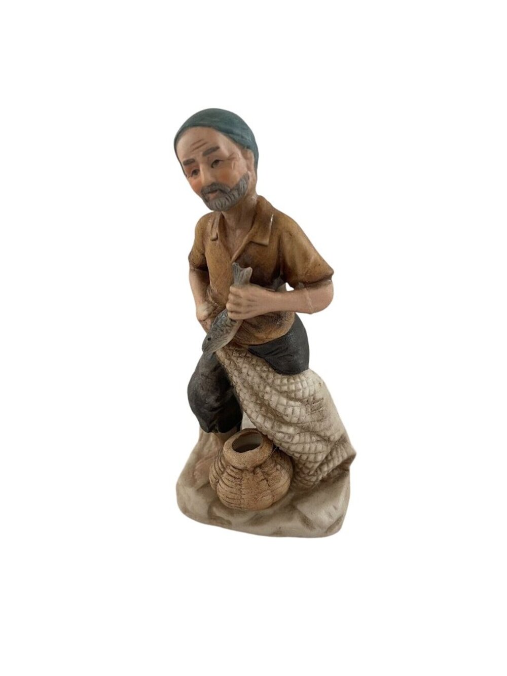 Vintage KSM Porcelain Figurine Old Fisherman Holding Net & Fish Basket REPAIRED